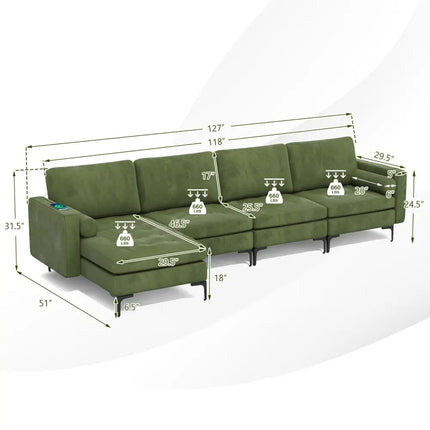 Modular 2-seat/3-Seat/4-Seat L-shaped Sectional Sofa Couch with Reversible Chaise and Socket USB Ports-4-Seat