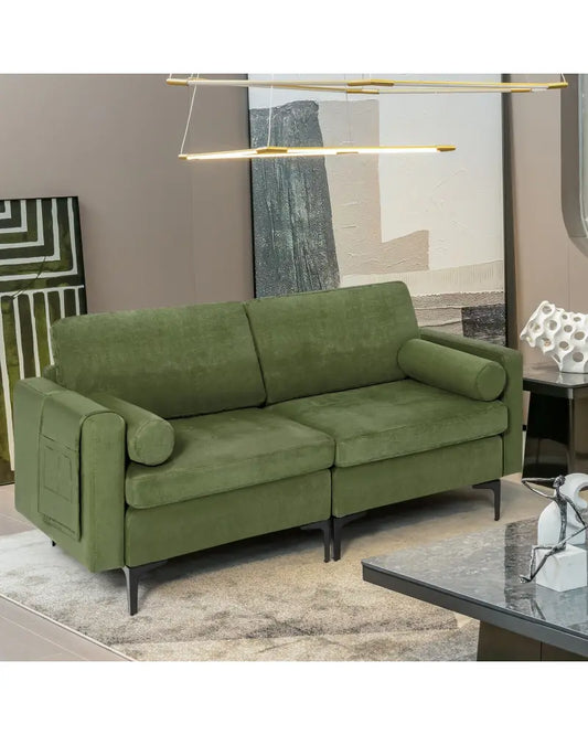 Modular 2-seat/3-Seat/4-Seat L-shaped Sectional Sofa Couch with Reversible Chaise and Socket USB Ports-2-Seat - Army
