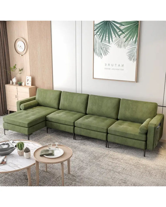 Modular 2-seat/3-Seat/4-Seat L-shaped Sectional Sofa Couch with Reversible Chaise and Socket USB Ports-4-Seat
