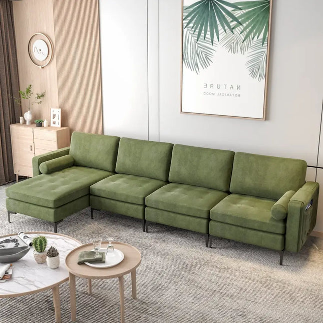 Modular 2-seat/3-Seat/4-Seat L-shaped Sectional Sofa Couch with Reversible Chaise and Socket USB Ports-4-Seat