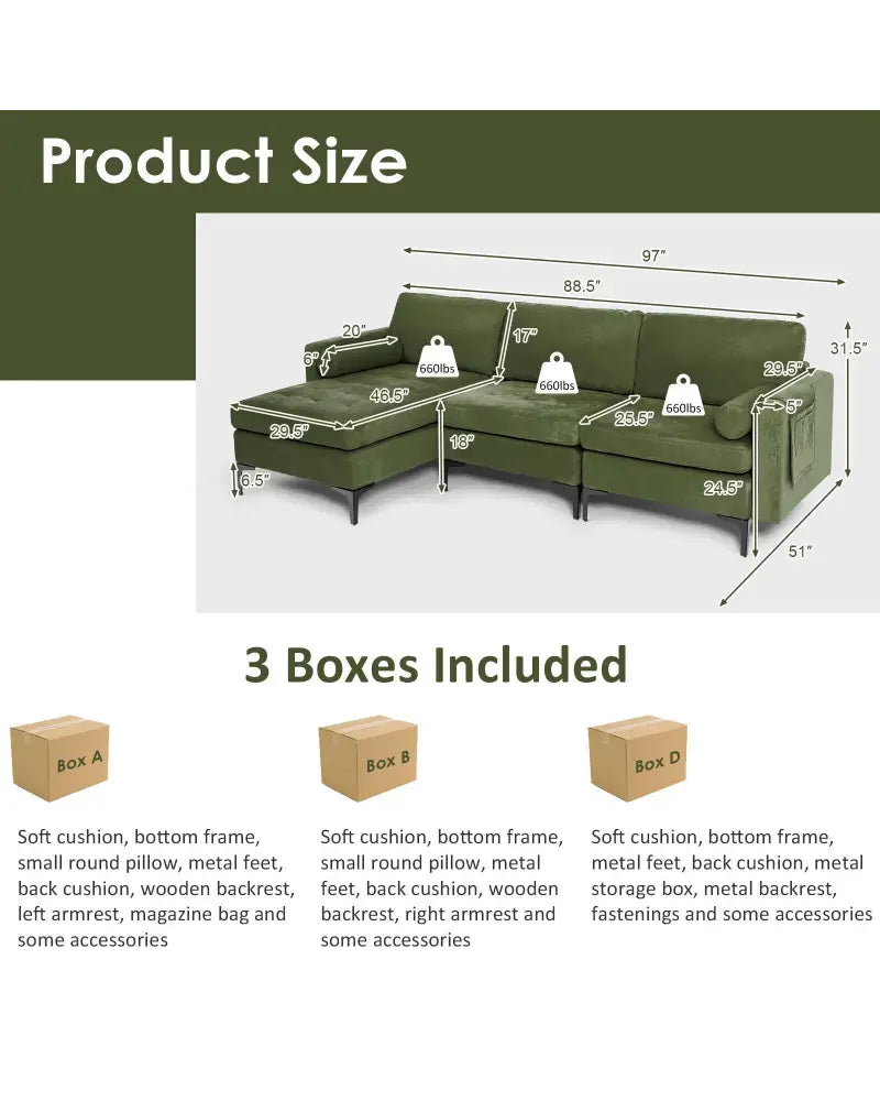 Modular 2-seat/3-Seat/4-Seat L-shaped Sectional Sofa Couch with Reversible Chaise and Socket USB Ports-3-Seat L-shaped