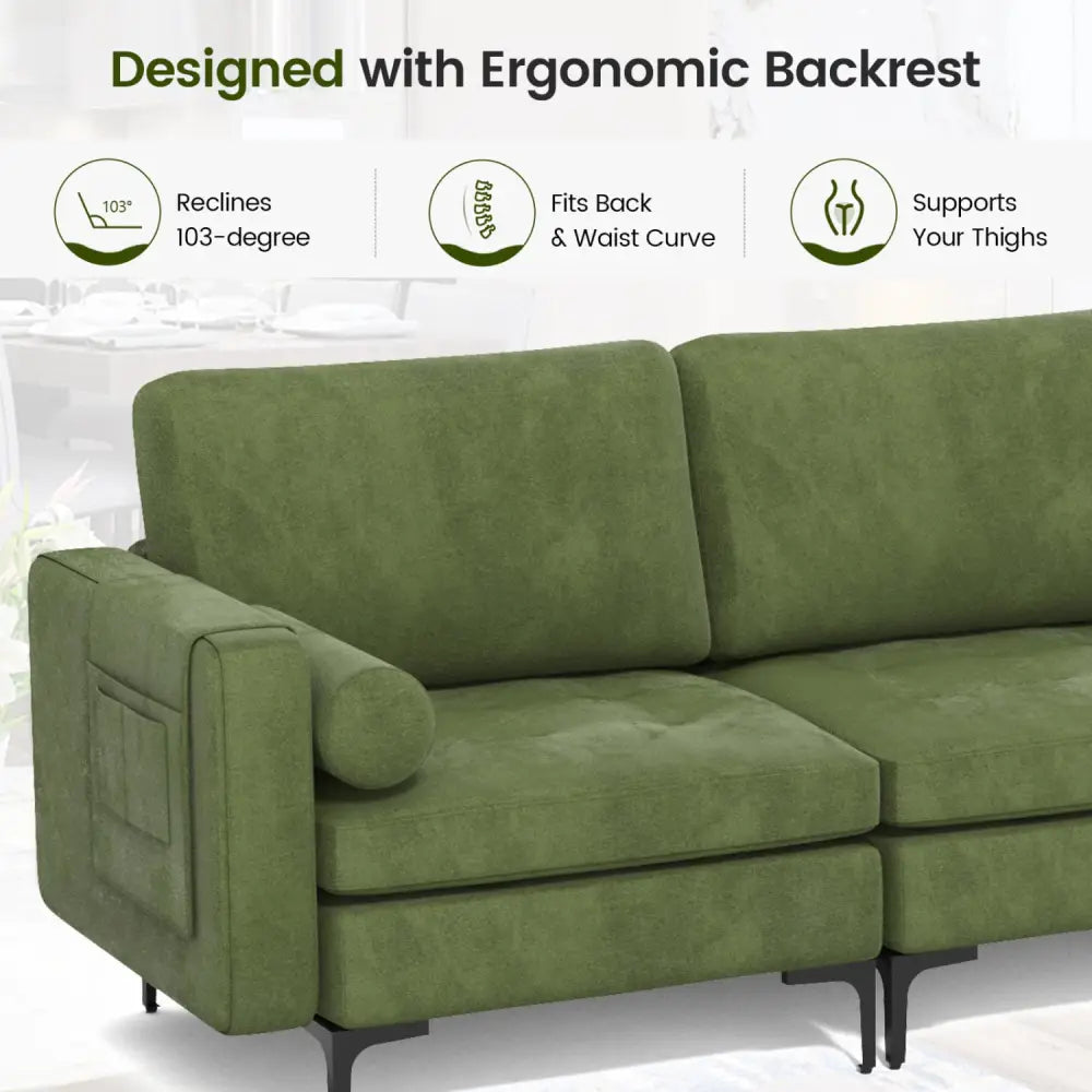 Modular 3-Seat Sofa Couch with Socket USB Ports and Side Storage Pocket-Green - Green - Sofas & Loveseats