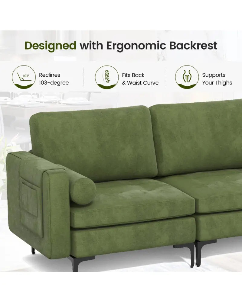 Modular 3-Seat Sofa Couch with Socket USB Ports and Side Storage Pocket-Green - Green - Sofas & Loveseats