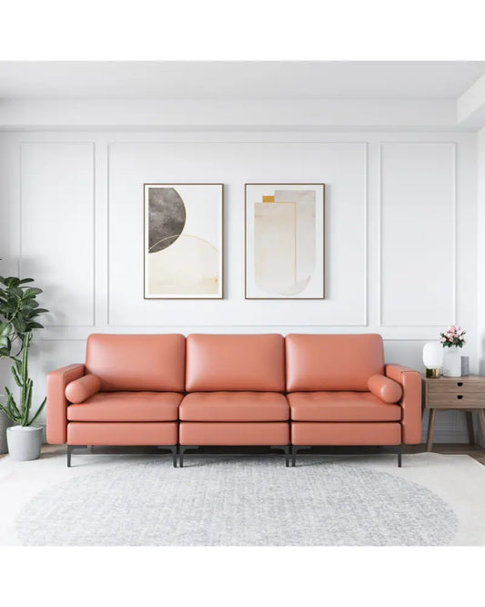 Modular 3-Seat Sofa Couch with Socket USB Ports and Side Storage Pocket-Red - Pink - Sofas & Loveseats
