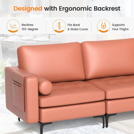 Modular 3-Seat Sofa Couch with Socket USB Ports and Side Storage Pocket-Red - Pink - Sofas & Loveseats