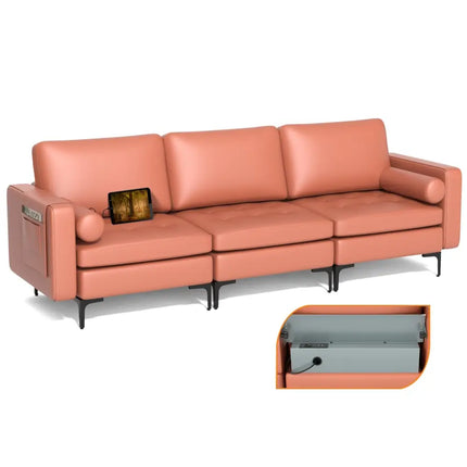Modular 3-Seat Sofa Couch with Socket USB Ports and Side Storage Pocket-Red - Pink - Sofas & Loveseats