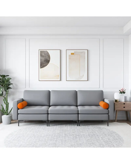 Modular 3-Seat Sofa Couch with Socket USB Ports and Side Storage Pocket-Gray - Gray - Sofas & Loveseats