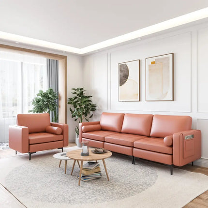 Modular 3-Seat Sofa Couch with Socket USB Ports and Side Storage Pocket-Red - Pink - Sofas & Loveseats