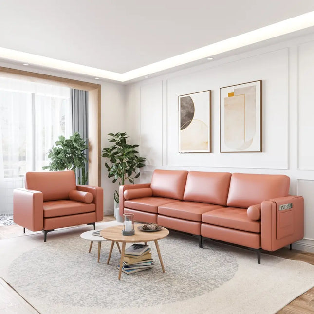Modular 3-Seat Sofa Couch with Socket USB Ports and Side Storage Pocket-Red - Pink - Sofas & Loveseats