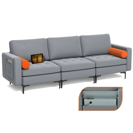 Modular 3-Seat Sofa Couch with Socket USB Ports and Side Storage Pocket-Gray - Gray - Sofas & Loveseats