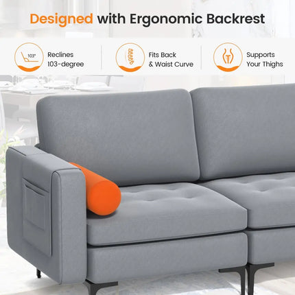 Modular 3-Seat Sofa Couch with Socket USB Ports and Side Storage Pocket-Gray - Gray - Sofas & Loveseats