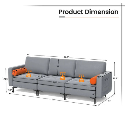 Modular 3-Seat Sofa Couch with Socket USB Ports and Side Storage Pocket-Gray - Gray - Sofas & Loveseats