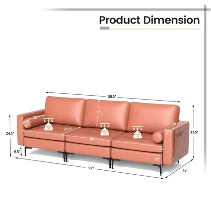 Modular 3-Seat Sofa Couch with Socket USB Ports and Side Storage Pocket-Red - Pink - Sofas & Loveseats
