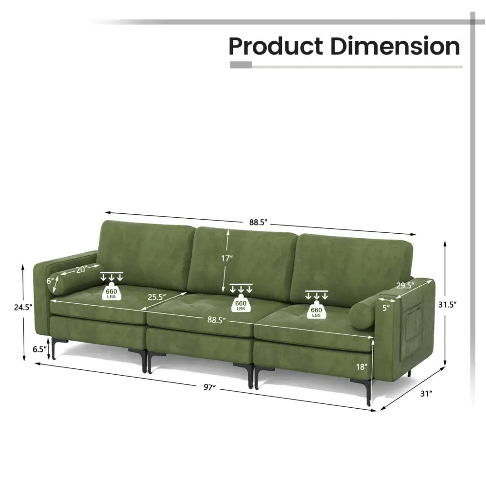 Modular 3-Seat Sofa Couch with Socket USB Ports and Side Storage Pocket-Green - Green - Sofas & Loveseats