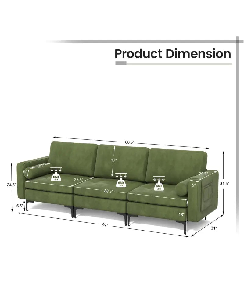 Modular 3-Seat Sofa Couch with Socket USB Ports and Side Storage Pocket-Green - Green - Sofas & Loveseats