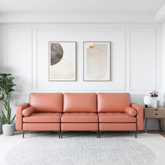 Modular 3-Seat Sofa Couch with Socket USB Ports and Side Storage Pocket-Red - Pink - Sofas & Loveseats