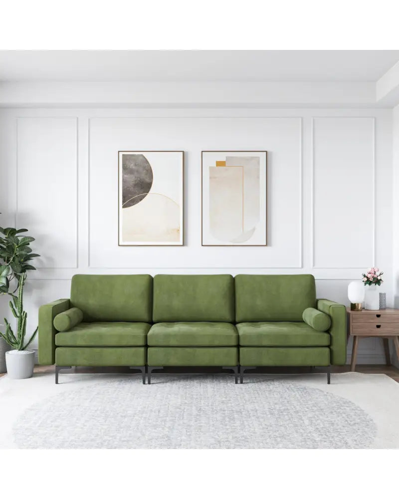 Modular 3-Seat Sofa Couch with Socket USB Ports and Side Storage Pocket-Green - Green - Sofas & Loveseats