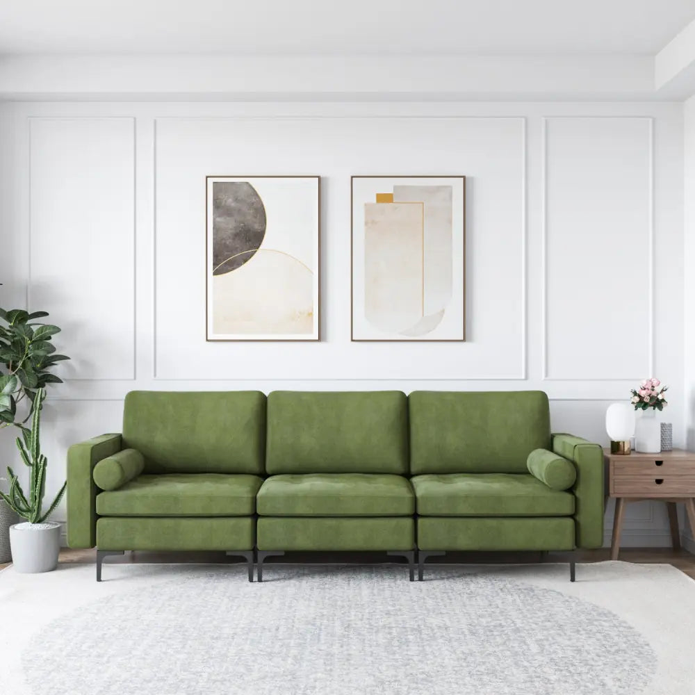 Modular 3-Seat Sofa Couch with Socket USB Ports and Side Storage Pocket-Green - Green - Sofas & Loveseats