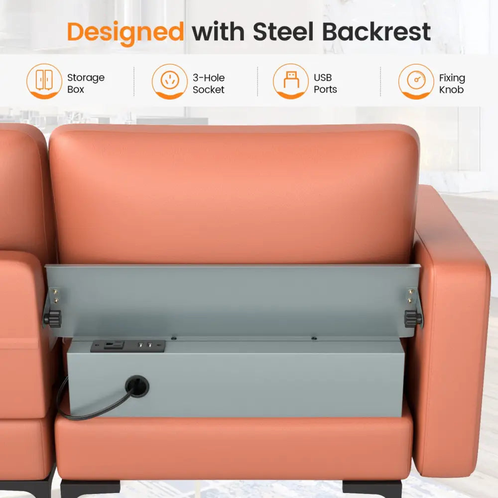 Modular 3-Seat Sofa Couch with Socket USB Ports and Side Storage Pocket-Red - Pink - Sofas & Loveseats