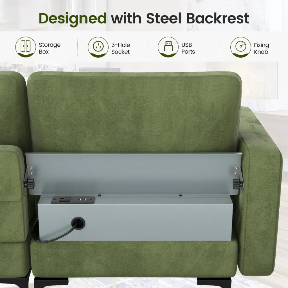 Modular 3-Seat Sofa Couch with Socket USB Ports and Side Storage Pocket-Green - Green - Sofas & Loveseats