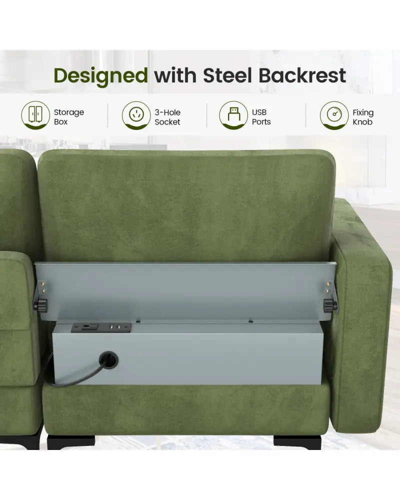 Modular 3-Seat Sofa Couch with Socket USB Ports and Side Storage Pocket-Green - Green - Sofas & Loveseats