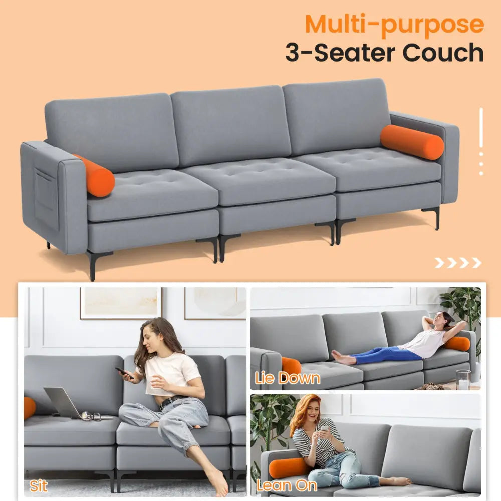 Modular 3-Seat Sofa Couch with Socket USB Ports and Side Storage Pocket-Gray - Gray - Sofas & Loveseats