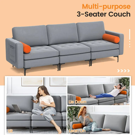 Modular 3-Seat Sofa Couch with Socket USB Ports and Side Storage Pocket-Gray - Gray - Sofas & Loveseats