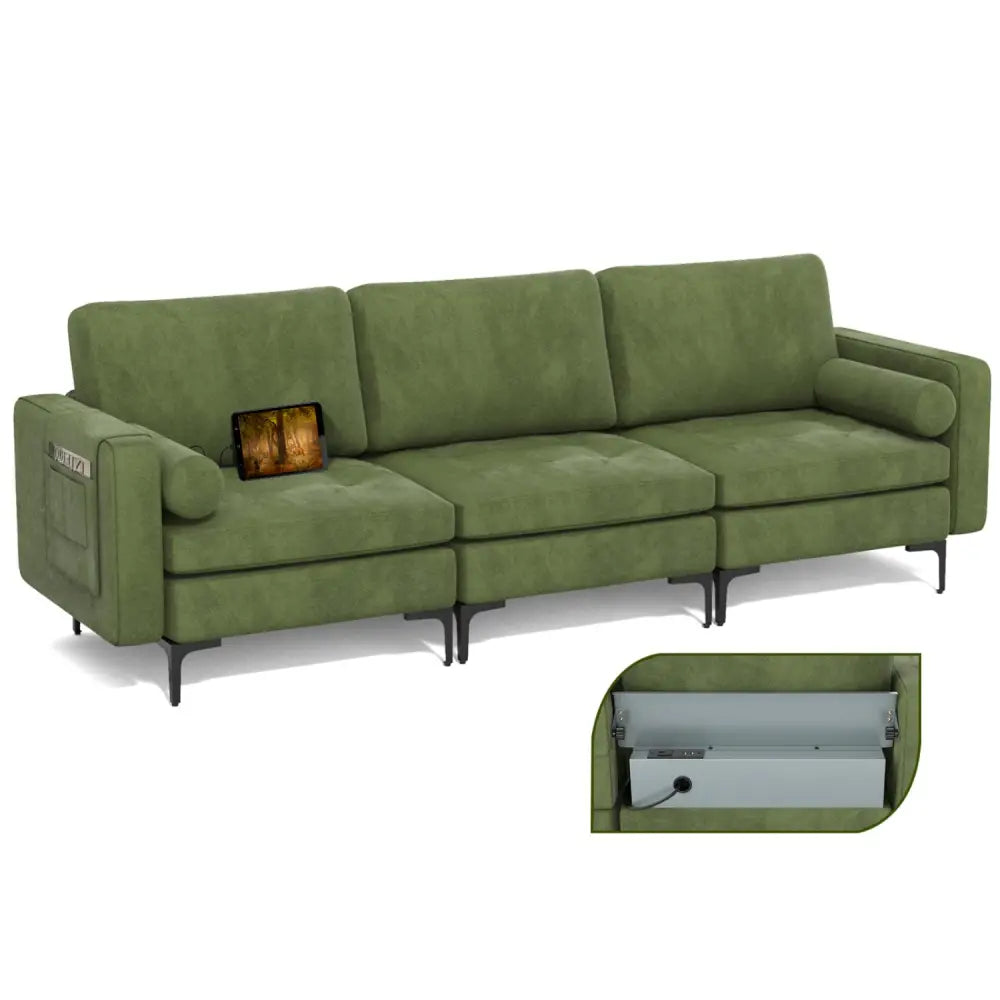 Modular 3-Seat Sofa Couch with Socket USB Ports and Side Storage Pocket-Green - Green - Sofas & Loveseats