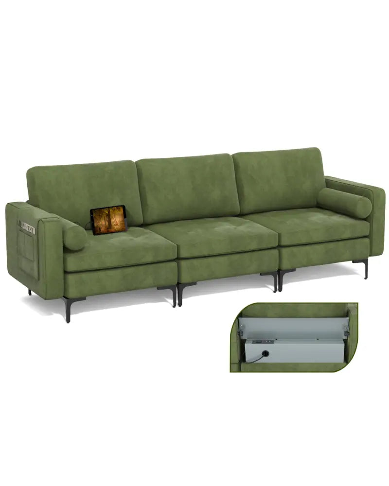 Modular 3-Seat Sofa Couch with Socket USB Ports and Side Storage Pocket-Green - Green - Sofas & Loveseats