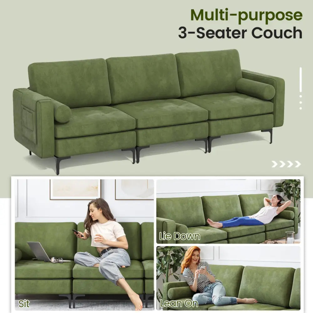 Modular 3-Seat Sofa Couch with Socket USB Ports and Side Storage Pocket-Green - Green - Sofas & Loveseats