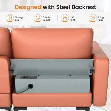 Modular 3-Seat Sofa Couch with Socket USB Ports and Side Storage Pocket-Red - Pink - Sofas & Loveseats