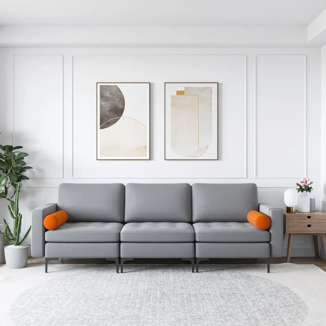 Modular 3-Seat Sofa Couch with Socket USB Ports and Side Storage Pocket-Gray - Gray - Sofas & Loveseats