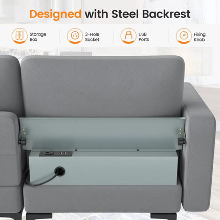 Modular 3-Seat Sofa Couch with Socket USB Ports and Side Storage Pocket-Gray - Gray - Sofas & Loveseats