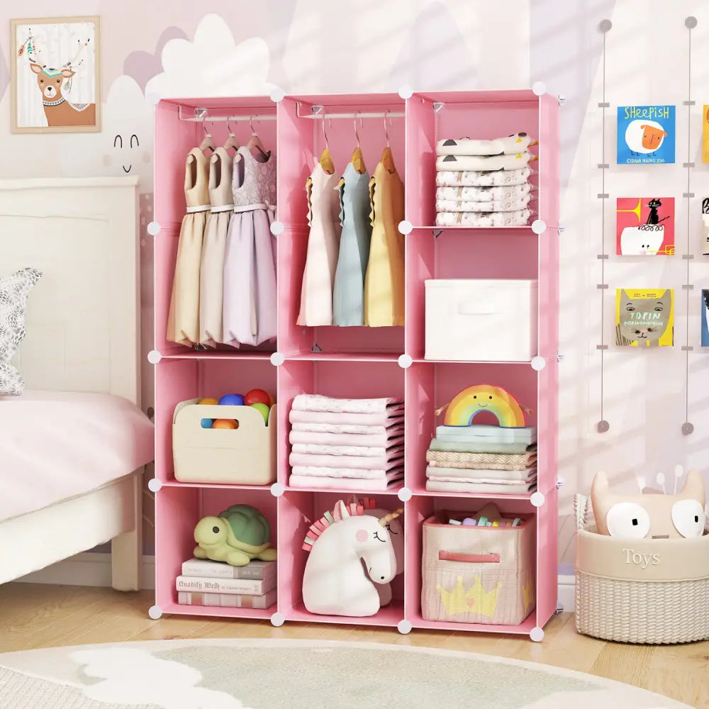 Modular Baby Wardrobe with 10 Cubes & Hanging Rod and Shelves Stackable-Pink - Pink - Kids Storage