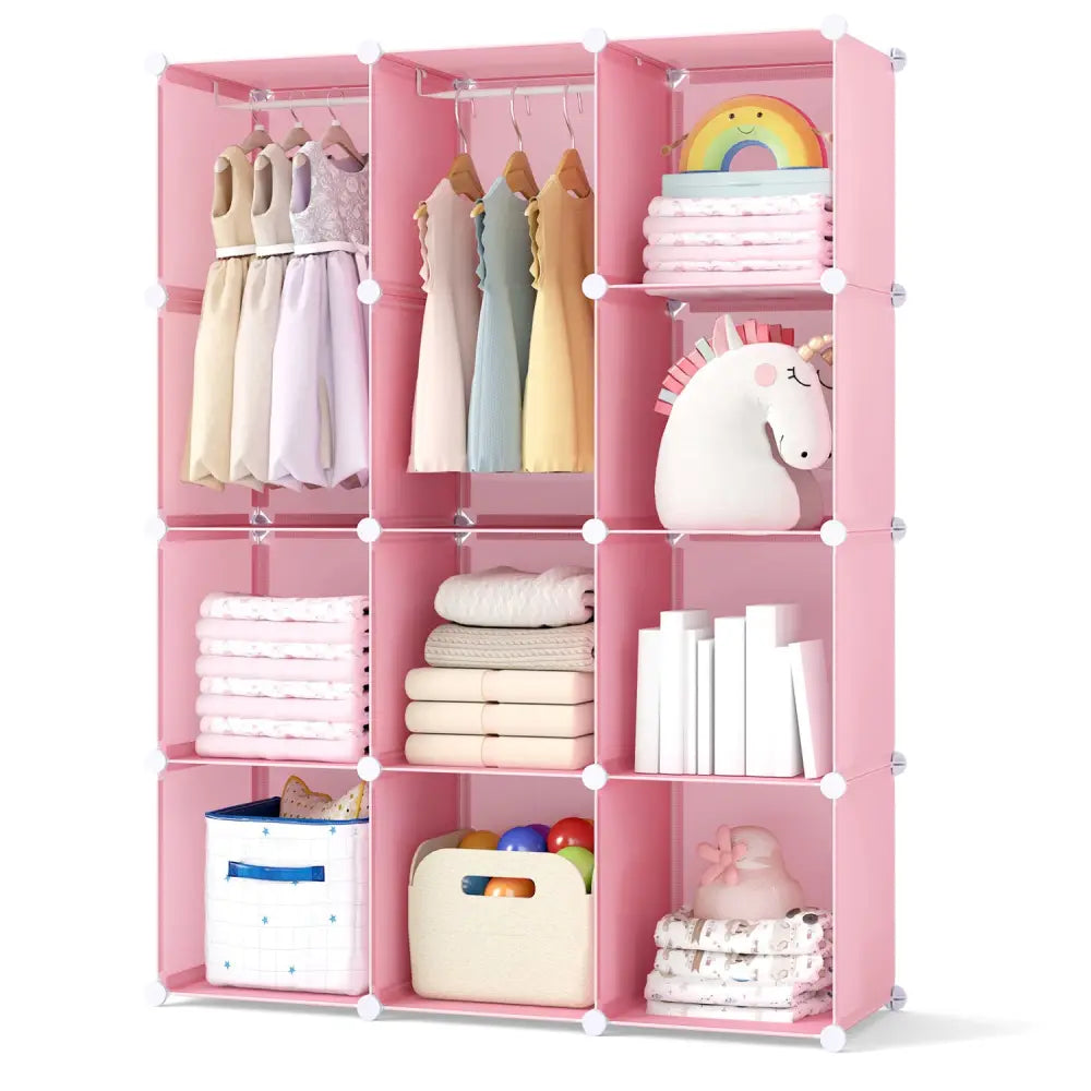Modular Baby Wardrobe with 10 Cubes & Hanging Rod and Shelves Stackable-Pink - Pink - Kids Storage