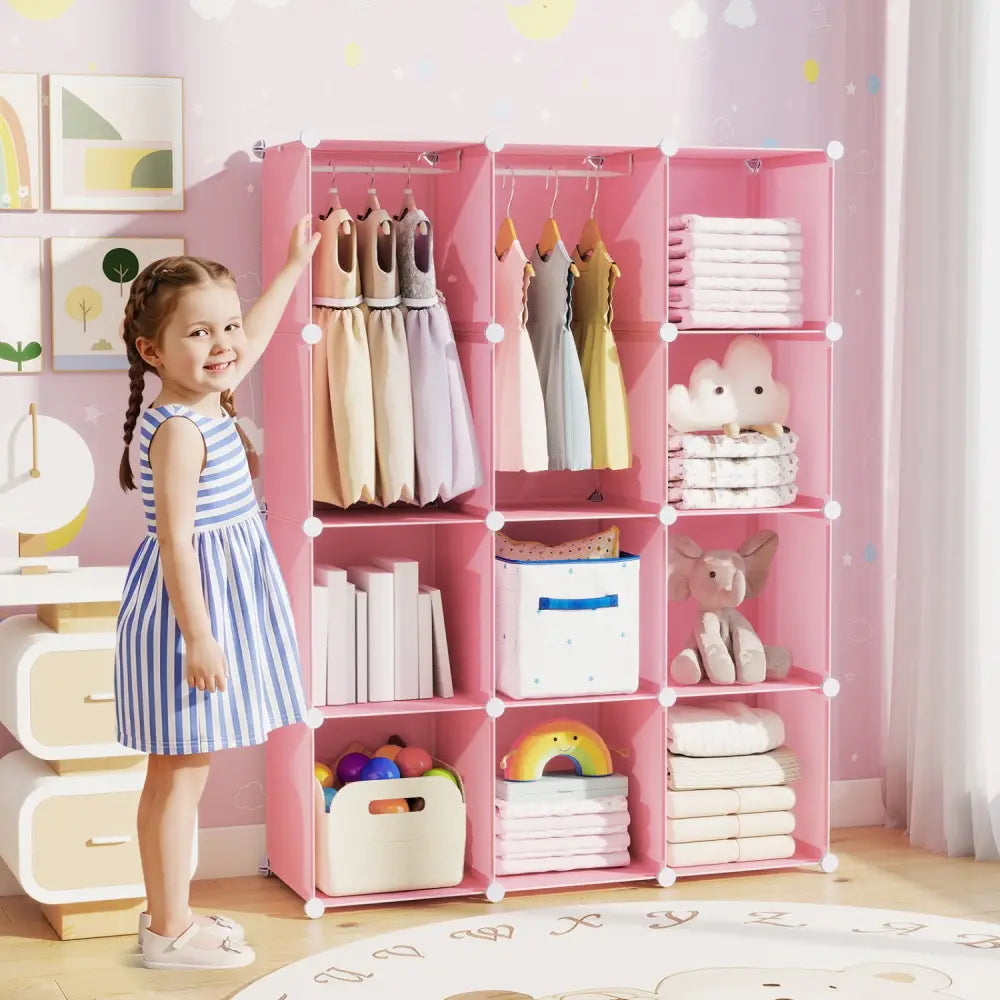 Modular Baby Wardrobe with 10 Cubes & Hanging Rod and Shelves Stackable-Pink - Pink - Kids Storage