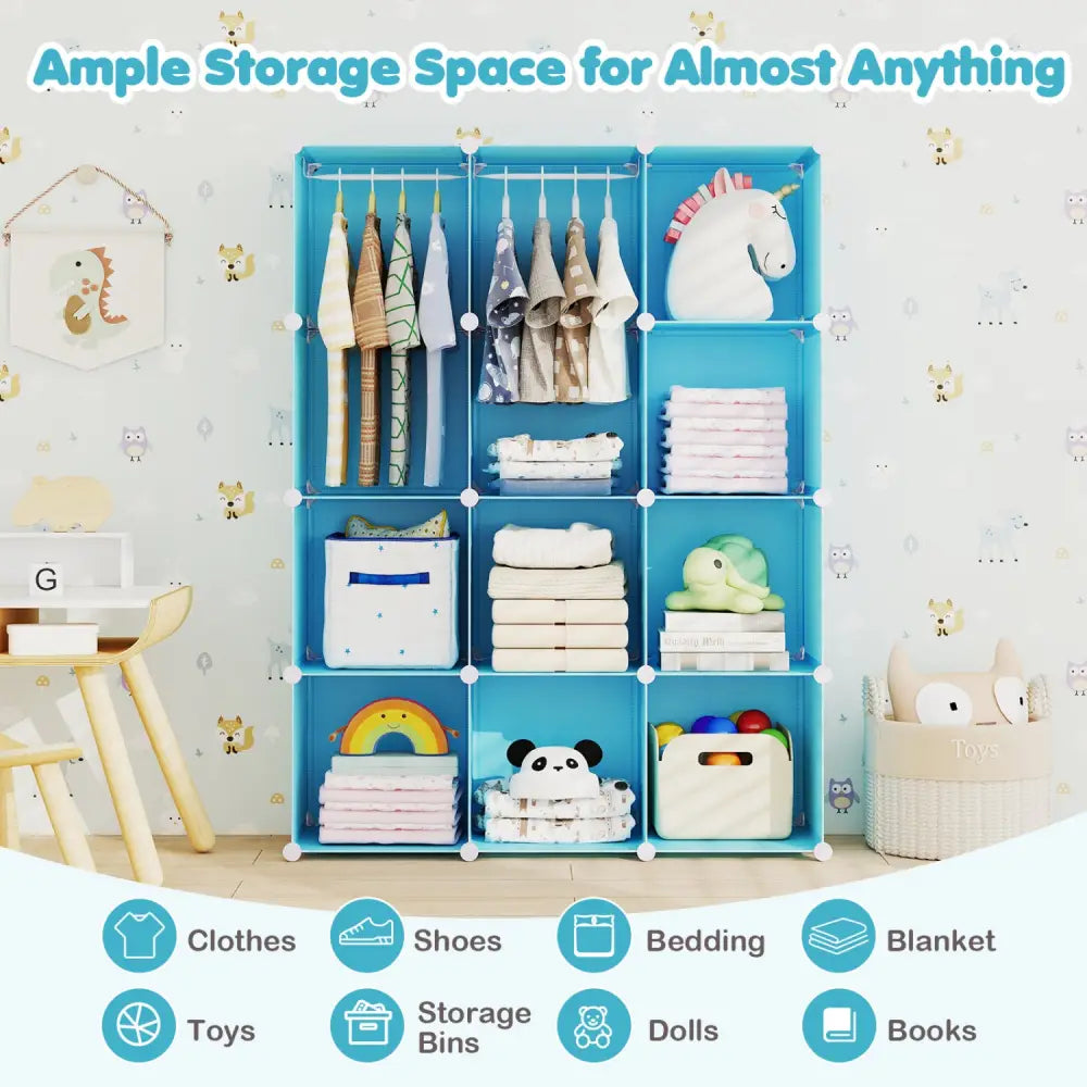 Modular Baby Wardrobe with 10 Cubes & Hanging Rod and Shelves Stackable-Blue - Blue - Kids Storage