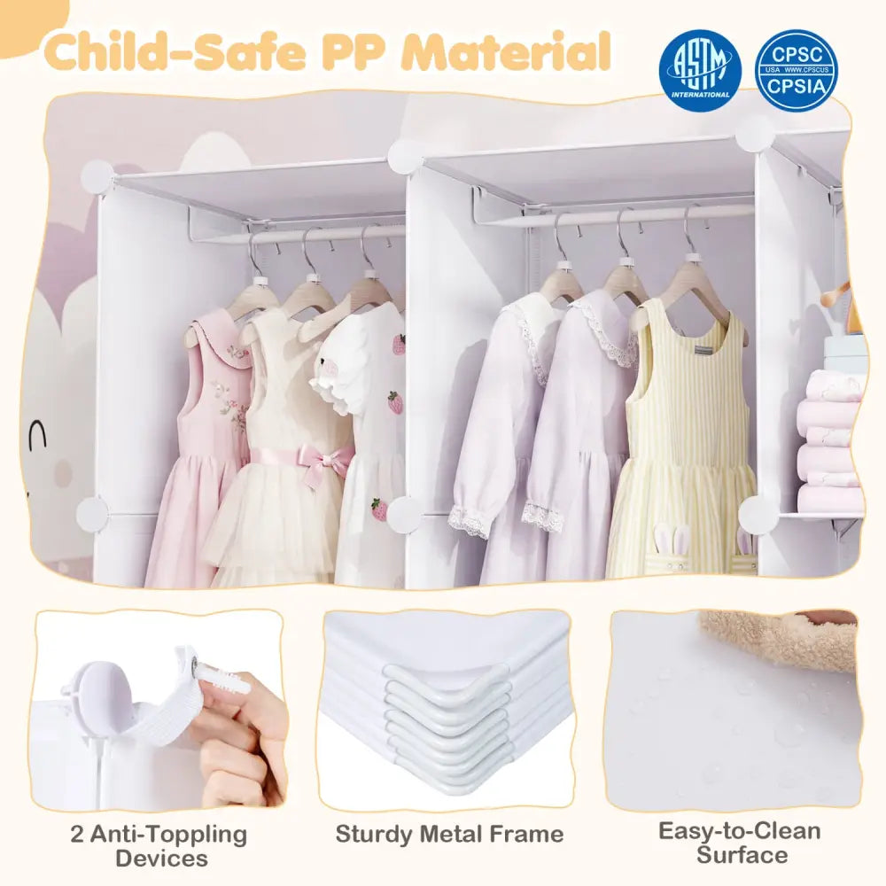 Modular Baby Wardrobe with 10 Cubes & Hanging Rod and Shelves Stackable-White - White - Kids Storage