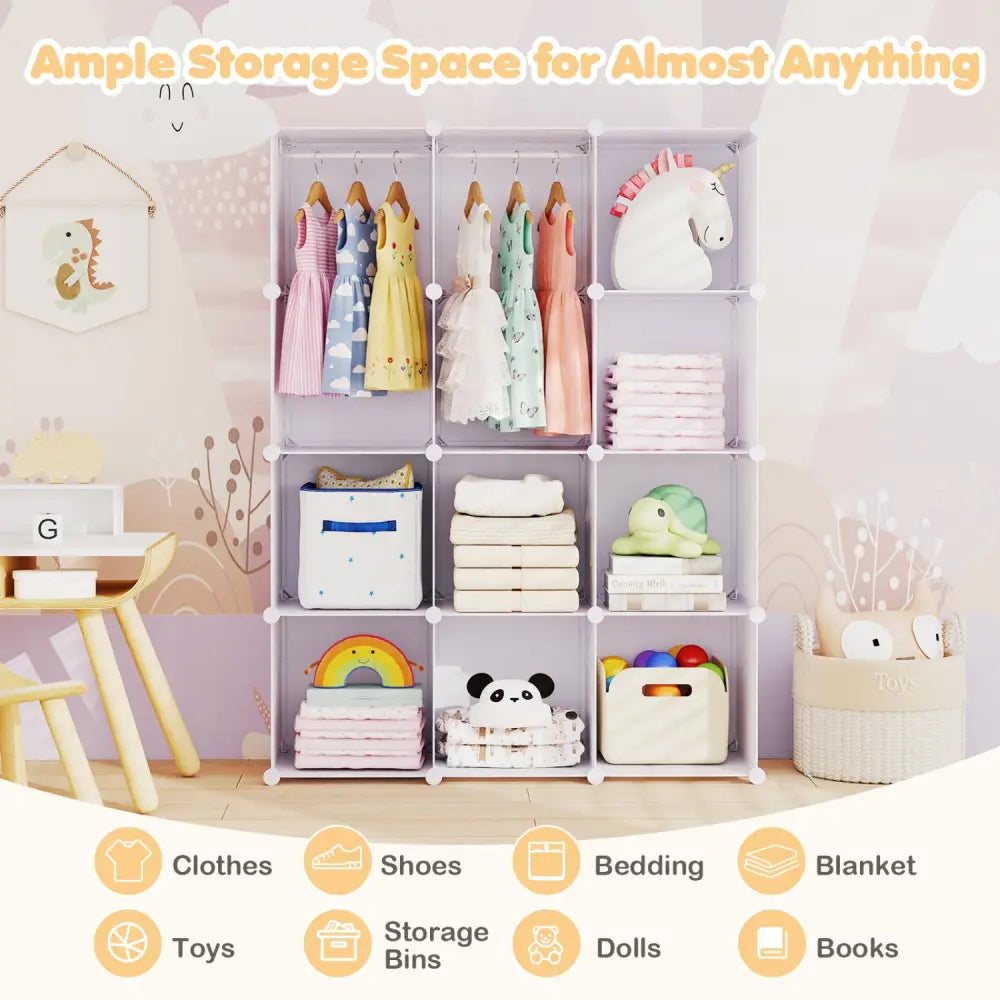 Modular Baby Wardrobe with 10 Cubes & Hanging Rod and Shelves Stackable-White - White - Kids Storage