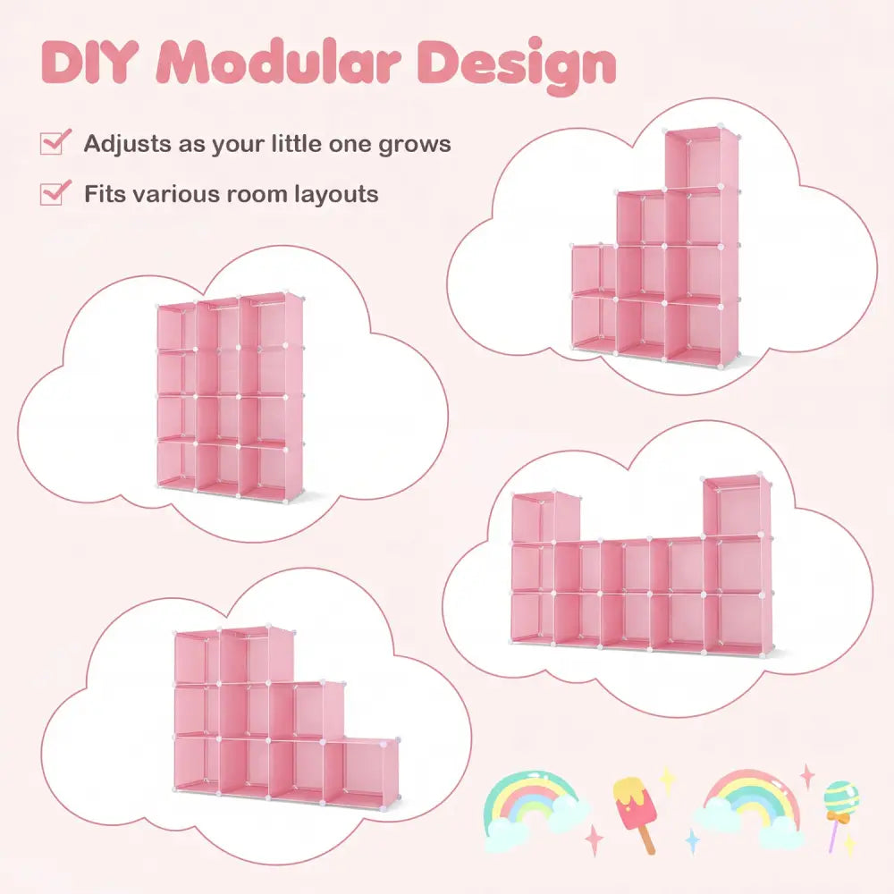 Modular Baby Wardrobe with 10 Cubes & Hanging Rod and Shelves Stackable-Pink - Pink - Kids Storage