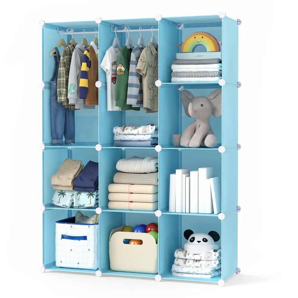 Modular Baby Wardrobe with 10 Cubes & Hanging Rod and Shelves Stackable-Blue - Blue - Kids Storage