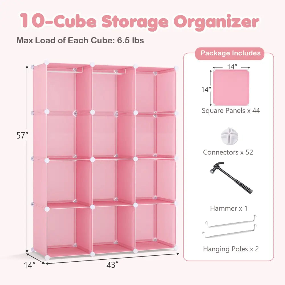 Modular Baby Wardrobe with 10 Cubes & Hanging Rod and Shelves Stackable-Pink - Pink - Kids Storage
