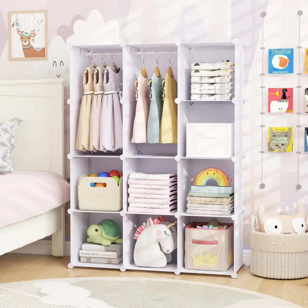 Modular Baby Wardrobe with 10 Cubes & Hanging Rod and Shelves Stackable-White - White - Kids Storage