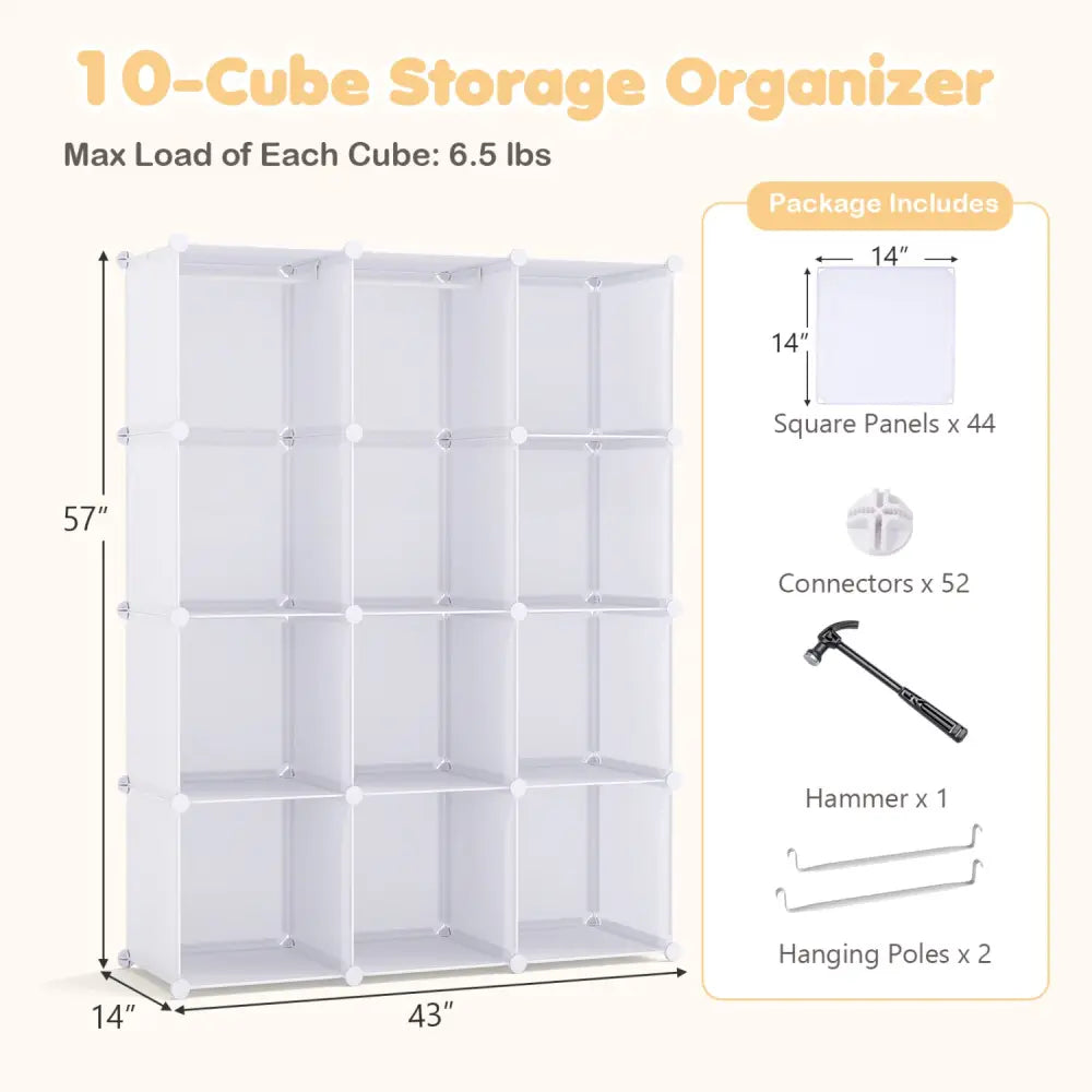 Modular Baby Wardrobe with 10 Cubes & Hanging Rod and Shelves Stackable-White - White - Kids Storage