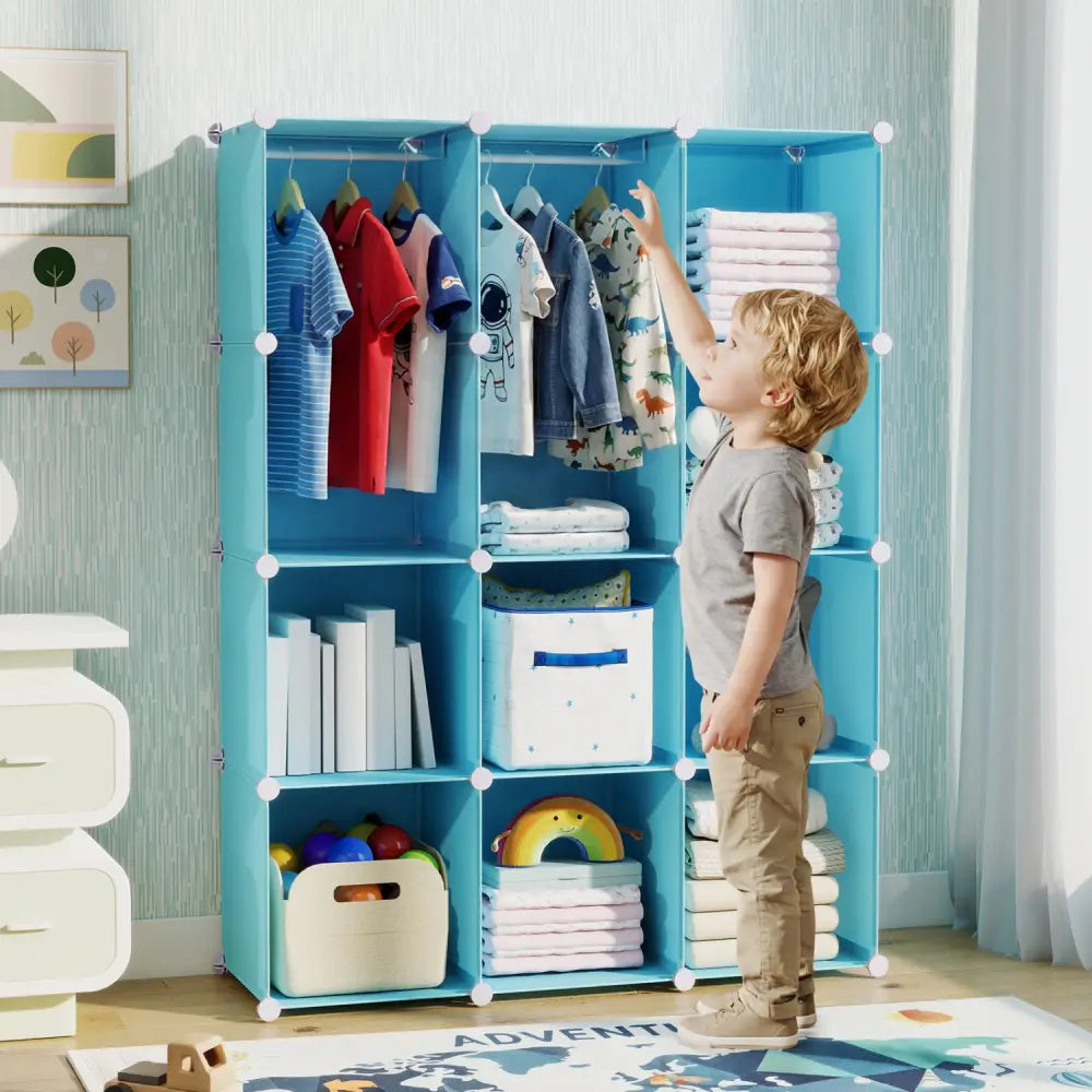 Modular Baby Wardrobe with 10 Cubes & Hanging Rod and Shelves Stackable-Blue - Blue - Kids Storage