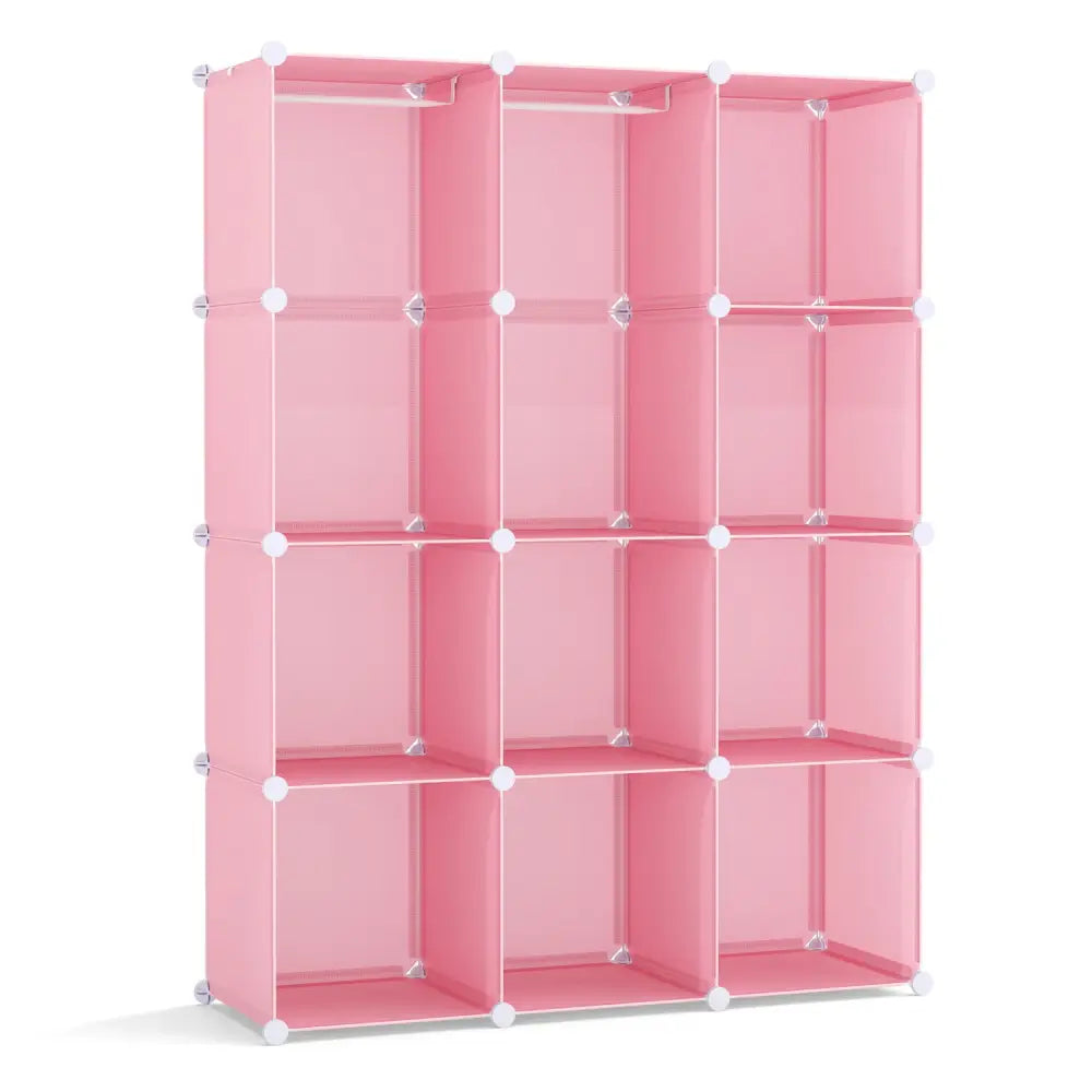 Modular Baby Wardrobe with 10 Cubes & Hanging Rod and Shelves Stackable-Pink - Pink - Kids Storage