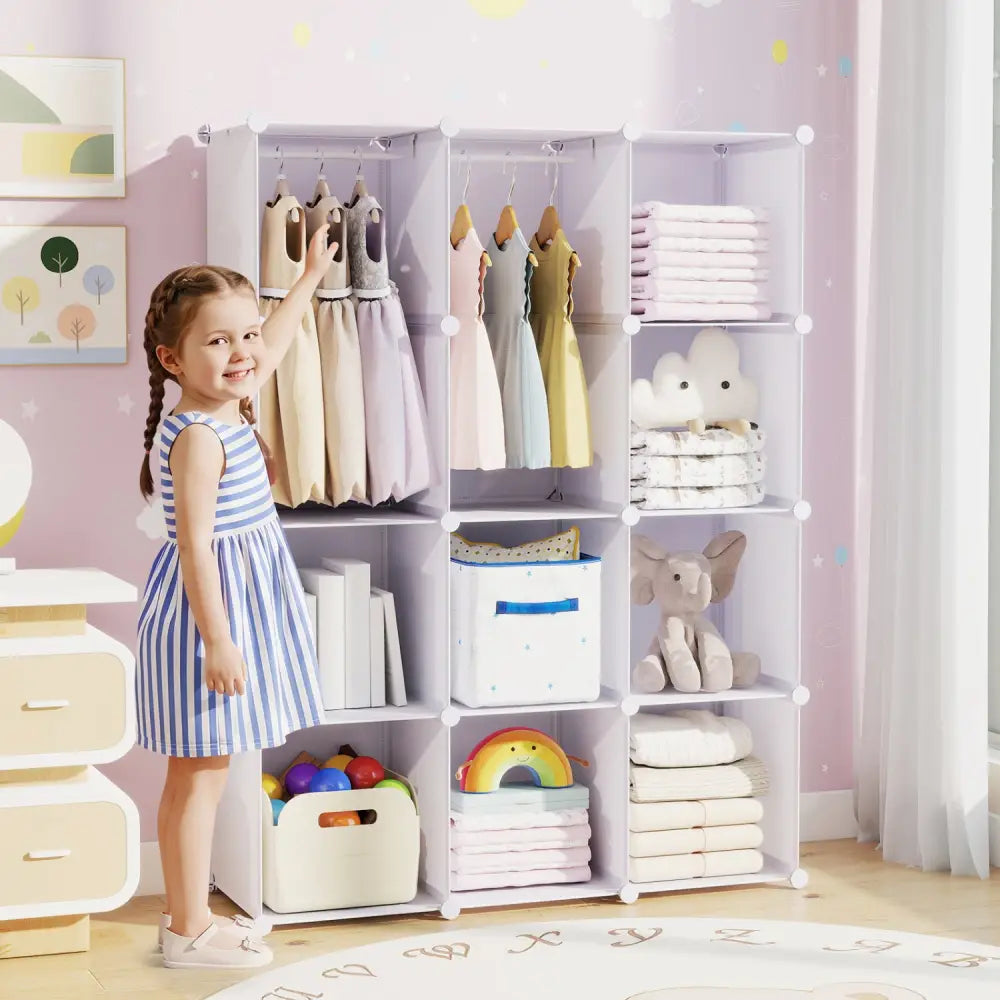 Modular Baby Wardrobe with 10 Cubes & Hanging Rod and Shelves Stackable-White - White - Kids Storage