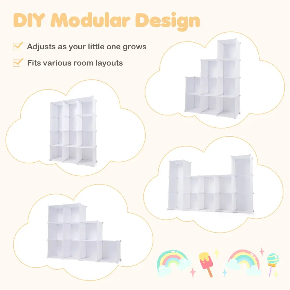 Modular Baby Wardrobe with 10 Cubes & Hanging Rod and Shelves Stackable-White - White - Kids Storage
