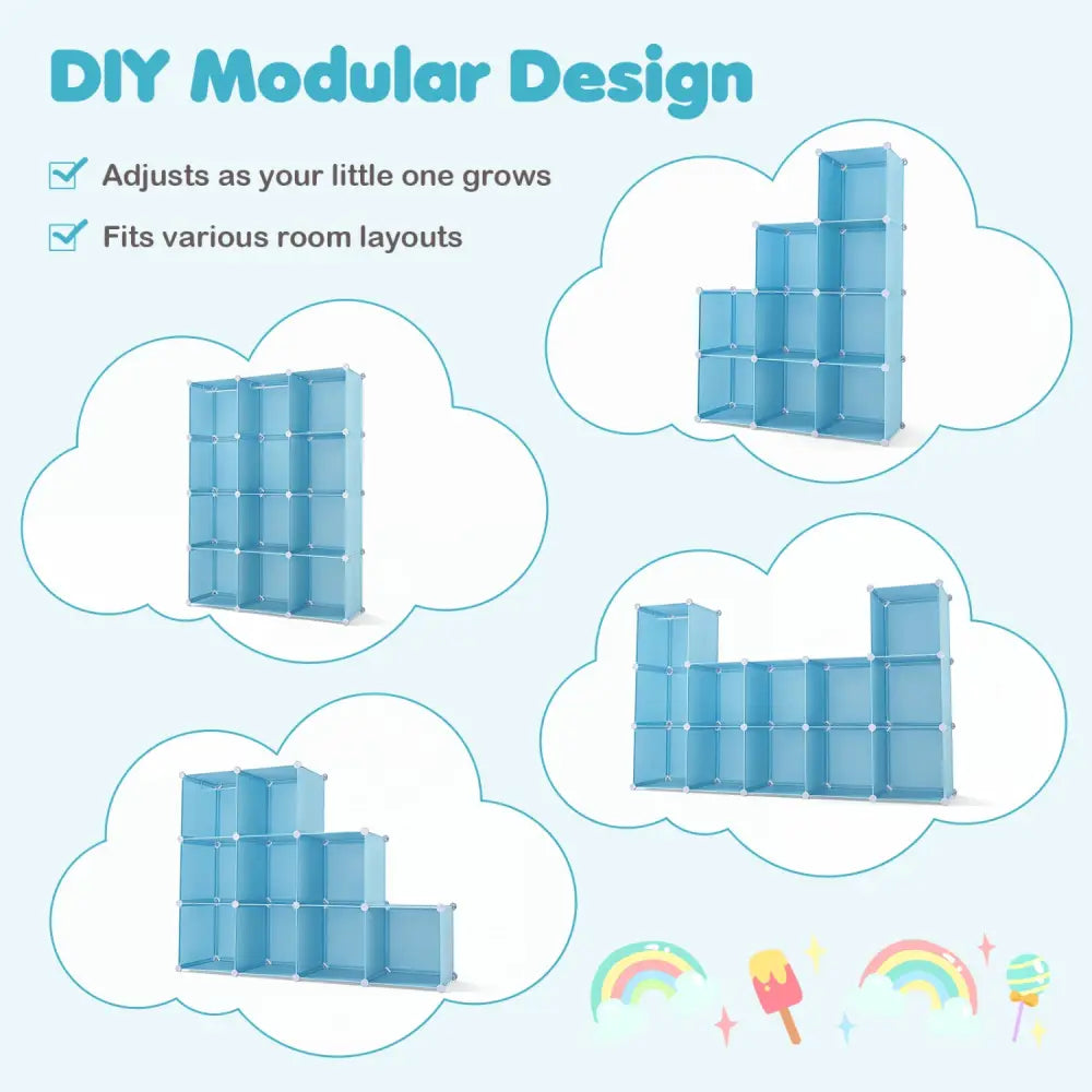Modular Baby Wardrobe with 10 Cubes & Hanging Rod and Shelves Stackable-Blue - Blue - Kids Storage