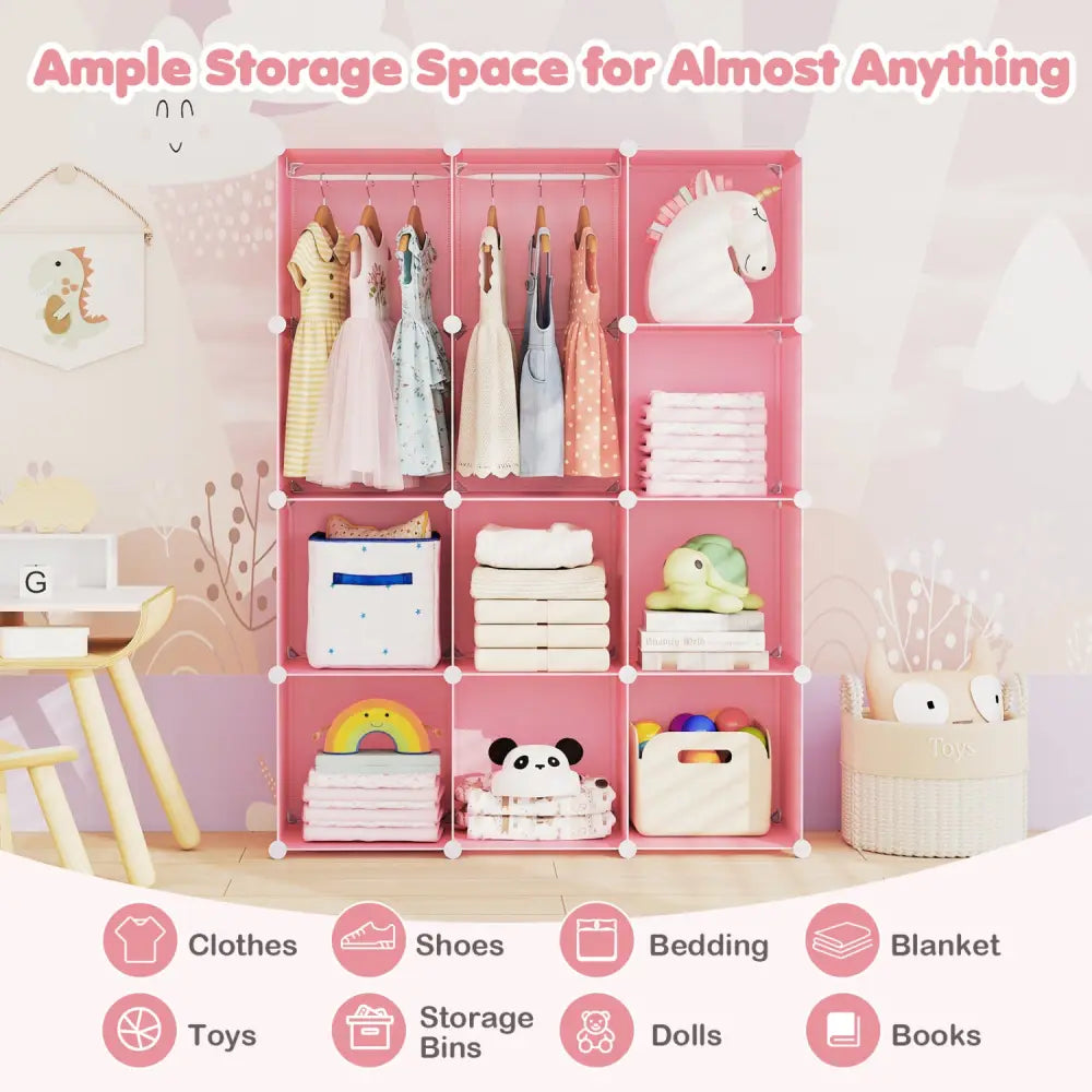 Modular Baby Wardrobe with 10 Cubes & Hanging Rod and Shelves Stackable-Pink - Pink - Kids Storage